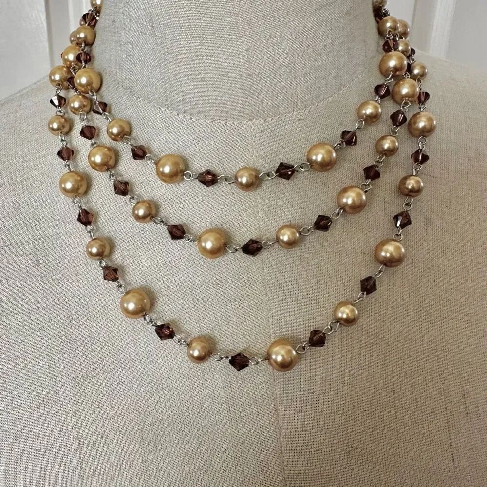 Faux pearl and brown crystal long necklace